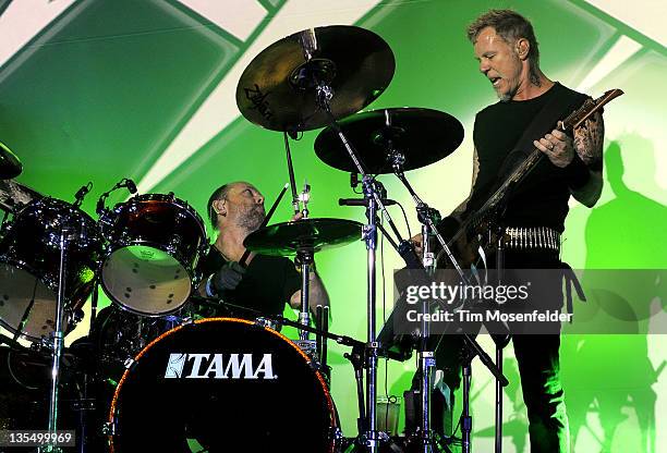 Lars Ulrich and James Hetfield of Metallica perform at Day Four of the bands' 30th Anniversary shows at The Fillmore on December 10, 2011 in San...