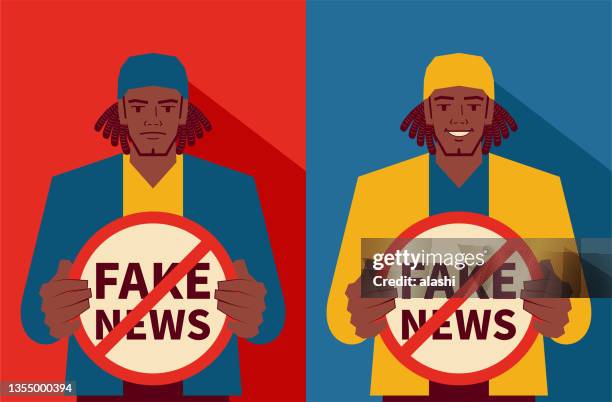 the young man with an afro hairstyle expresses a different emotion and shows a "say no to fake news" prohibition sign - afro male work stock illustrations