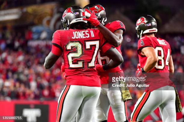 Ronald Jones of the Tampa Bay Buccaneers celebrates with teammates after getting a touchdown in the first half of the game against the New York...