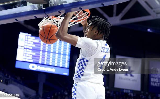 Damion Collins of the Kentucky Wildcats shoots the ball against the Albany Great Danes at Rupp Arena on November 22, 2021 in Lexington, Kentucky.