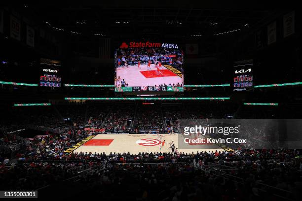 General view of State Farm Arena during the second half between the Atlanta Hawks and the Oklahoma City Thunder on November 22, 2021 in Atlanta,...