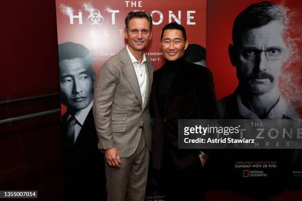 Tony Goldwyn and Daniel Dae Kim attend the New York premiere of National Geographic's "The Hot Zone: Anthrax" on November 22, 2021 in New York City.