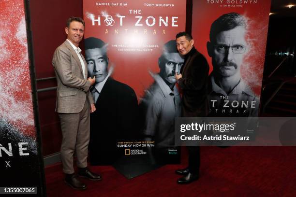 Tony Goldwyn and Daniel Dae Kim attend the New York premiere of National Geographic's "The Hot Zone: Anthrax" on November 22, 2021 in New York City.