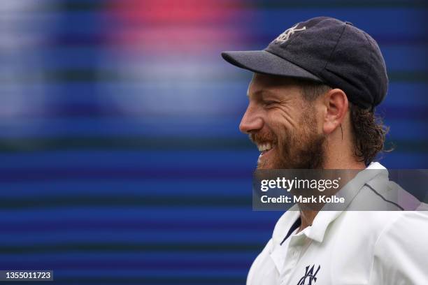 James Pattinson of Victoria smiels as he leaves the field during day four of the Sheffield Shield match between New South Wales and Victoria at...