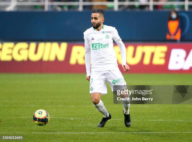 Ryad Boudebouz of Saint-Etienne during the match of Ligue 1 between ESTAC Troyes and AS Saint-Etienne at Stade de l'Aube on November 21, 2021 in...
