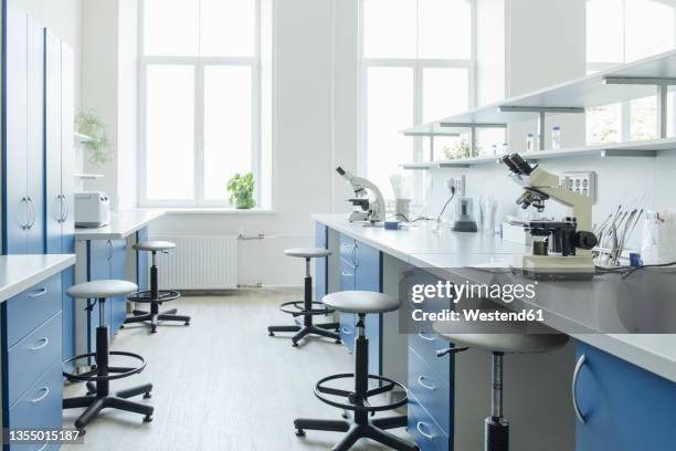 microscopes at desk in bright empty laboratory - onderzoeksfaciliteit stockfoto's en -beelden