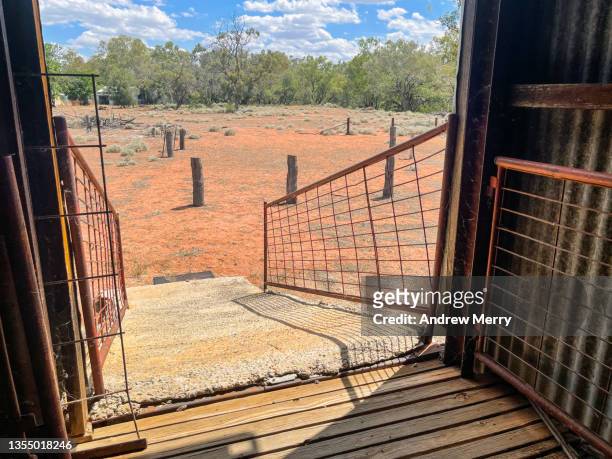 shearing shed, building entrance, outback landscape australia - enclos à moutons photos et images de collection