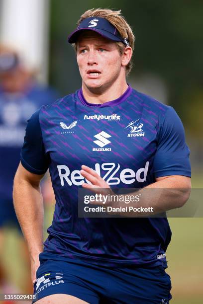 Harry Grant in action during a Melbourne Storm NRL pre-season training session at Gosch's Paddock on November 23, 2021 in Melbourne, Australia.