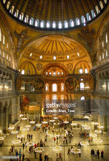 interior of aya sophia (hagia sophia) and visitors in istanbul, turkey - sistine chapel stock pictures, royalty-free photos & images