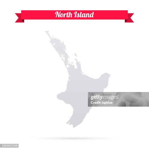 nordinselkarte auf weißem hintergrund mit rotem banner - nordinsel von neuseeland stock-grafiken, -clipart, -cartoons und -symbole