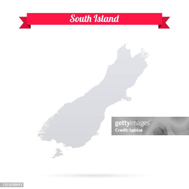 south island map on white background with red banner - christchurch new zealand stock illustrations