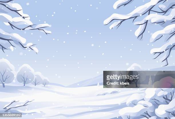 illustrations, cliparts, dessins animés et icônes de paysage d’hiver avec des arbres enneigés - winter