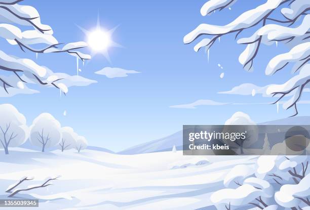 sonnige winterlandschaft mit verschneiten bäumen - eiszapfen stock-grafiken, -clipart, -cartoons und -symbole