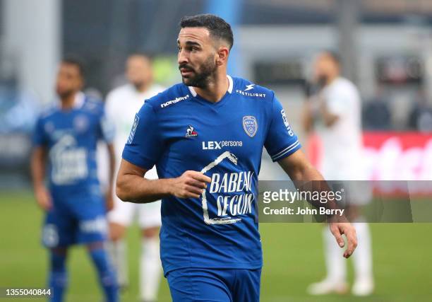 Adil Rami of Troyes during the match of Ligue 1 between ESTAC Troyes and AS Saint-Etienne at Stade de l'Aube on November 21, 2021 in Troyes, France.