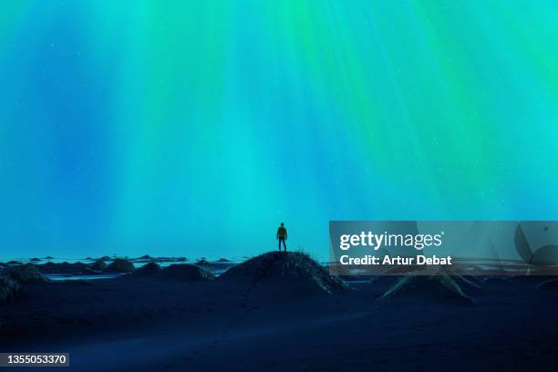 guy contemplating the beautiful northern lights at night in iceland. - campo-magnético fotografías e imágenes de stock