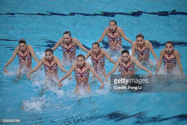 The China team compete in the Synchronized Swimming Free Combination Final during day three of the 6th FINA Synchronised Swimming World Trophy at the...
