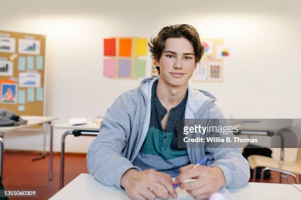 portrait of high school student in classroom - boy teenager stock-fotos und bilder