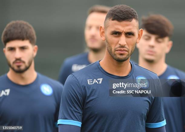 Faouzi Ghoulam of Napoli during a training session on November 23, 2021 in Naples, Italy.