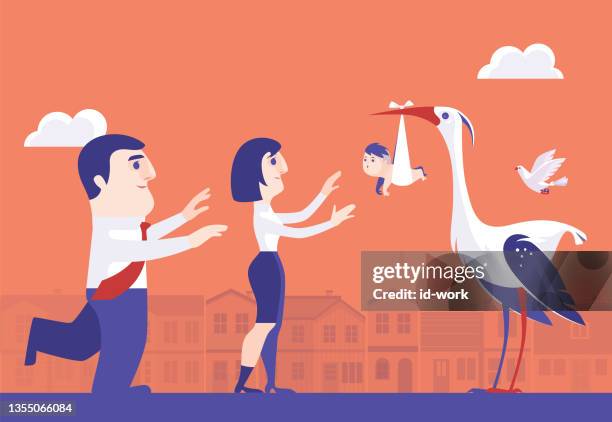 stockillustraties, clipart, cartoons en iconen met stork delivering baby to couple - pregnant women greeting