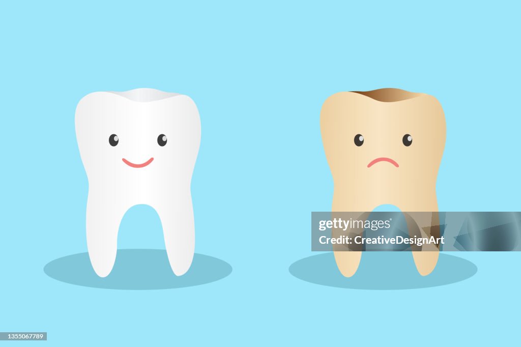 Concetto di salute dentale e pulizia dei denti con dente sano brillante e dente malsano.