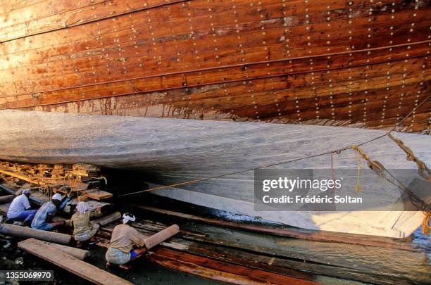 The launch of a Dhow, a traditional Arab sailing vessel, common in the Red Sea and the Indian Ocean, under construction in Kozhikode on February 18,...