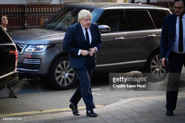 Prime Minister Boris Johnson arrives ahead of a requiem mass held in honour of Sir David Amess MP at Westminster Cathedral on November 23, 2021 in...