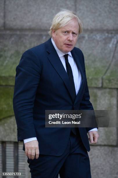 Prime Minister Boris Johnson arrives ahead of a requiem mass held in honour of Sir David Amess MP at Westminster Cathedral on November 23, 2021 in...