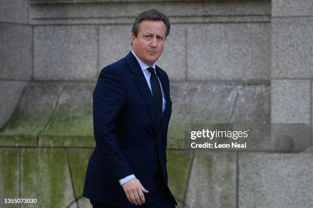 Former Prime Minister David Cameron arrives ahead of a requiem mass held in honour of Sir David Amess MP at Westminster Cathedral on November 23,...