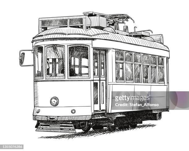 ilustrações de stock, clip art, desenhos animados e ícones de vector drawing of an old tram from lisbon - lisboa