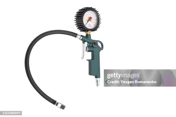 tyre inflating measuring device with manometer isolated on white background - pressure gauge fotografías e imágenes de stock