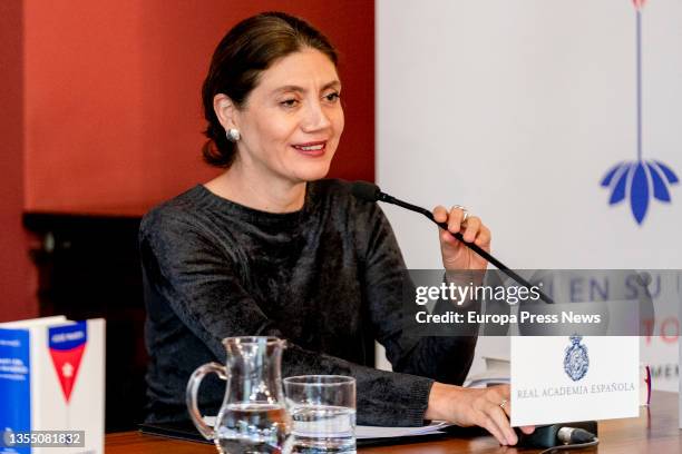 The editor Pilar Reyes speaks at the presentation of the commemorative work 'Marti en su universo. An anthology', at the Royal Spanish Academy , on...