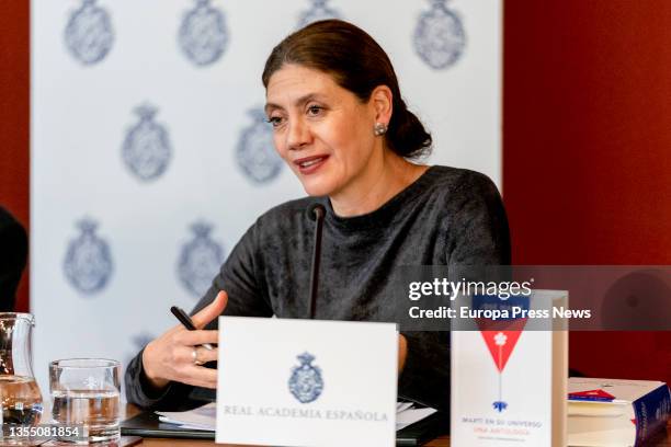 The editor Pilar Reyes speaks at the presentation of the commemorative work 'Marti en su universo. An anthology', at the Royal Spanish Academy , on...