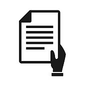 Hand holding file document icon.