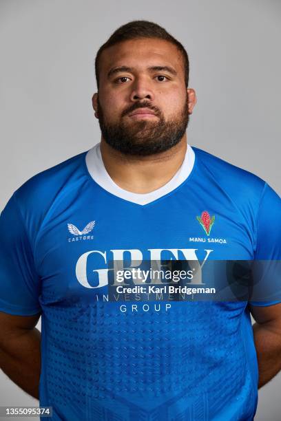 Paul Alo-Emile of Samoa poses for a portrait during the Samoa Squad Photocall at The Lensbury on November 23, 2021 in Teddington, England. Samoa will...