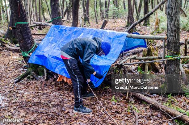 boy building a shelter in the woods - tarpaulin 個照片及圖片檔