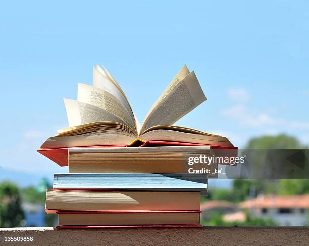 pile of books with pages open by wind - cumulo foto e immagini stock