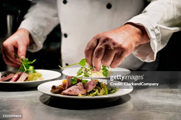 chef at the pass - hoofdgerecht stockfoto's en -beelden