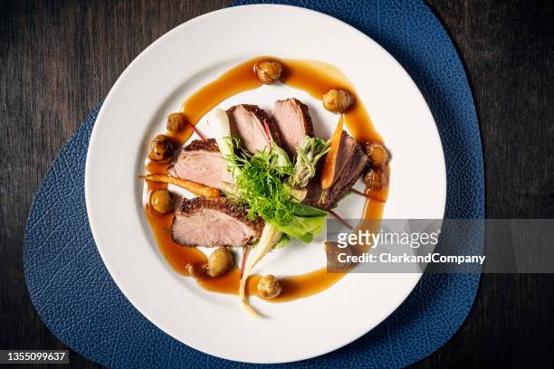 dish of berberi duck breast with seasonal vegetables. - gravy stock pictures, royalty-free photos & images