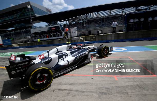 Alpha Tauri's Japanese driver Yuki Tsunoda drives during the first practice session at the Red Bull race track in Spielberg, Austria, on June 30...