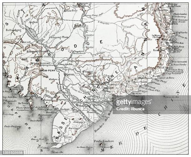 antique french map of cambodia and vietnam - cambodia map stock illustrations