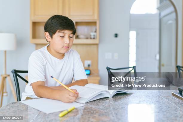 native american boy doing school work at home - indigenous american culture bildbanksfoton och bilder