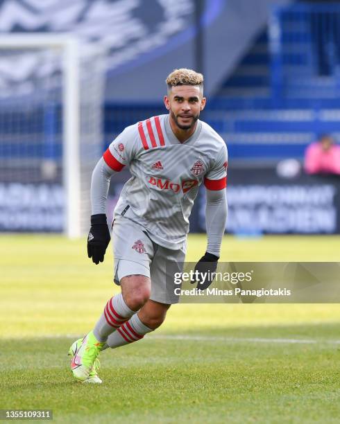 Dom Dwyer of Toronto FC runs in the first half against CF Montréal during the 2021 Canadian Championship Final at Stade Saputo on November 21, 2021...