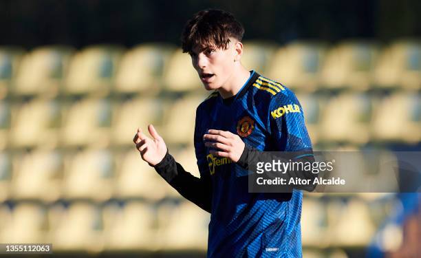 Alejandro Garnacho of Manchester United reacts during the UEFA Youth League match between Villarreal CF and Manchester United at Mini Estadi de la...