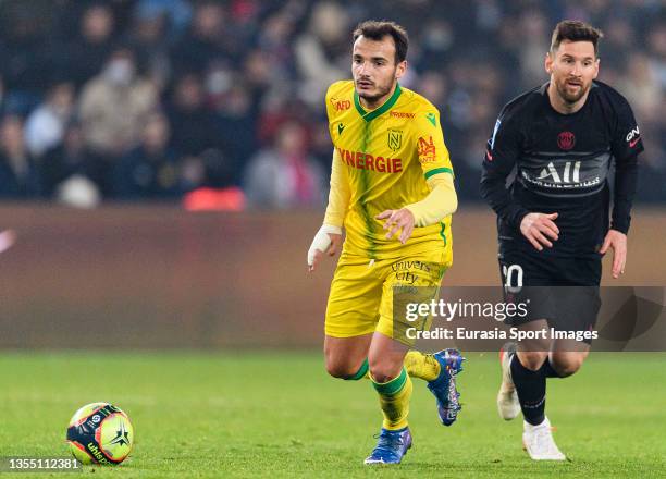 Pedro Chirivella of Nantes in action during the Ligue 1 Uber Eats match between Paris Saint Germain and FC Nantes at Parc des Princes on November 20,...