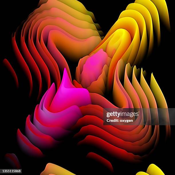 colorful flowing chromatic hholographic seamless pattern yellow pink dynamic peak waves on balck background - morphing stock pictures, royalty-free photos & images