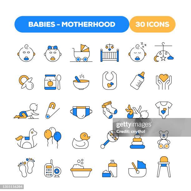 bildbanksillustrationer, clip art samt tecknat material och ikoner med set of babies and motherhood related flat line icons. outline symbol collection - daycare