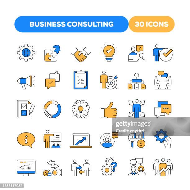 ilustrações, clipart, desenhos animados e ícones de conjunto de ícones de linha plana relacionados à consultoria empresarial. coleção de símbolos de contorno - pesquisa de mercado