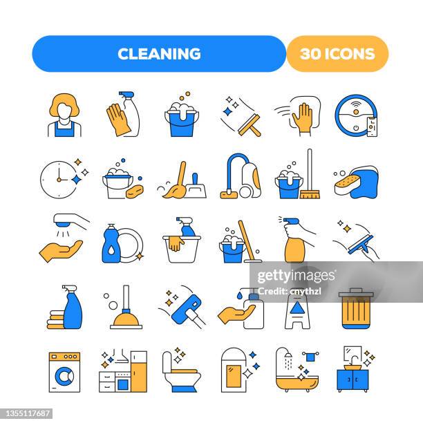 ilustraciones, imágenes clip art, dibujos animados e iconos de stock de conjunto de iconos de línea plana relacionados con la limpieza. colección de símbolos de contorno - criada