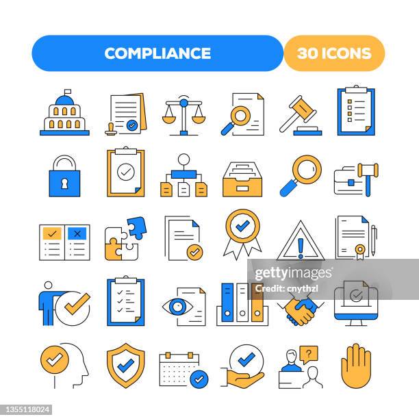 set of compliance related flat line icons. outline symbol collection - legal icons stock illustrations