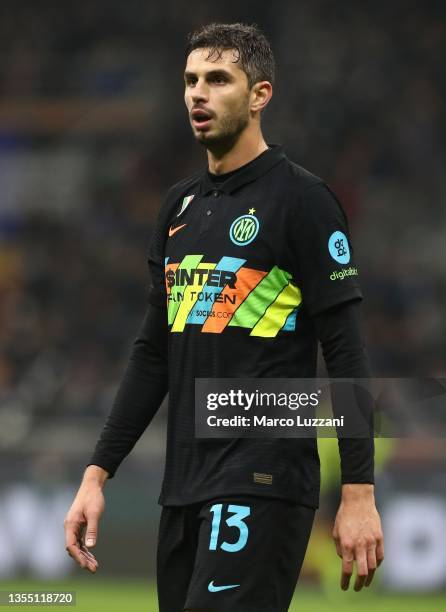 Andrea Ranocchia of FC Internazionale looks on during the Serie A match between FC Internazionale and SSC Napoli at Stadio Giuseppe Meazza on...